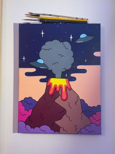 Volcano Painting, Ufo Drawing, Mini Tela, Art Mini Toile, Art Markers Drawing, Art Hippie, Hippie Painting, Canvas Drawing, Simple Canvas Paintings