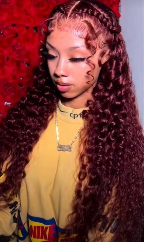 Curly Wig Hair Styles For Black Women, Frontal Pigtail Hairstyles, Baddie Christmas Hairstyles, 30 Inch Curly Wig Hairstyles, Deep Wave Lace Front Wigs Hairstyles, Cute Deep Wave Wig Hairstyles, Lace Frontal Curly Hairstyle, Red Birthday Hair, Styles On Wigs Black Women