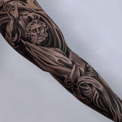 Jun Cha Tattoo, Jesus Tattoo Sleeve, Tattoos 2022, Tattoo Shading, Jesus Tattoo, Sleeve Ideas, Greek Tattoos, Sleeves Ideas, Tattoo Sleeve