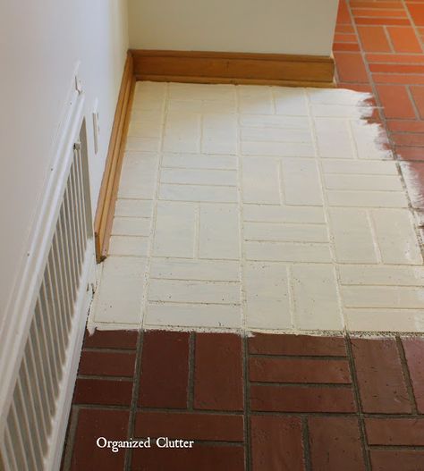 This looks just like my 1950's foyer tile.  It's not really tile, and the floor expert said it would be hard to replace...so maybe this is the answer! Painted Brick Floor, Painting Ceramic Tile Floor, Painted Terracotta Tiles, Red Tile Floor, Tile Makeover, Brick Floor Kitchen, Brick Tile Floor, Brick Wall Decor, Brick Floor