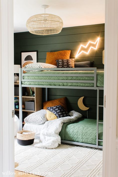 19 ways to make a basic bunk bed look cool and add wow factor, function, and personality to a small room for kids and teens. Boy Bedding Ideas, Boys Bedding Ideas, Boys Room Bunk Beds, Simple Boys Room, Bunk Beds For Boys Room, Shared Boys Rooms, Bunk Bed Room, Kids Shared Bedroom