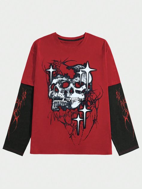 Red Street Collar Short Sleeve Fabric Animal,Halloween  Embellished Slight Stretch Spring/Fall Men Clothing Skull Print Shirt, Halloween Fits Men, Alt Clothes Male, Emo Fits Men, Red Clothes Men, Vampire Clothes Men, Mall Goth Men, Goth Clothes Men, Y2k Clothes Png