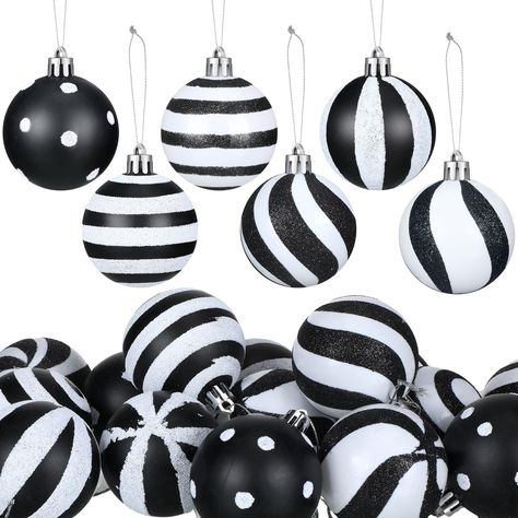 PRICES MAY VARY. Adequate Quantity: each package includes 24 plastic Christmas balls in a total of 6 different designs, with 4 of each; These balls in adequate amounts are suitable for decorating various Christmas trees, you can decorate it casually according to your own styles Black and White Christmas Style: these black and white Christmas balls are versatile and ideal for Christmas decorations; Use them on your Christmas tree, hang them around your home, or even use them in DIY projects to en Halloween Xmas Tree Decorations, Green Black Christmas Decor, Black White Red Christmas Decor, Non Traditional Christmas Decor, Beetlejuice Christmas Tree, Black White Christmas Decor, Black And White Christmas Decorations, Disney Christmas Tree Theme, Black Christmas Decor