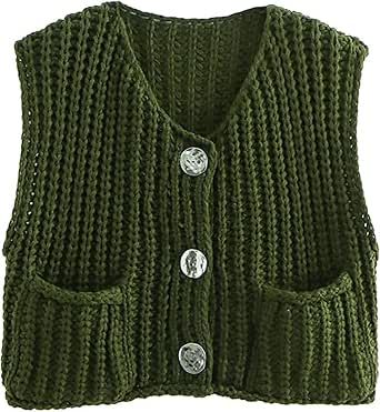 AICHARMWA Women's Chunky Knit Vest Button Down Casual Sleeveless Cropped Crochet Sweater Cardigan with Pockets Knit Vest Button, Cropped Crochet Sweater, Chunky Knit Vest, Cardigan Sleeveless, Cardigan With Pockets, Cropped Cardigan, Knit Vest, Crochet Sweater, Chunky Knit