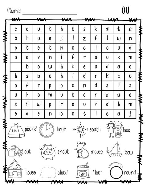 Diphthongs ou ow: Word Search Freebie. This ou and ow diphthong teacher resource is the ultimate resource. It includes everything you need for small group phonics instructions, printables, literacy centers for collaborative student work, home practice, phonics games, and a lot more! These phonics resources make it easy to differentiate your reading instruction. #vowerlpairs #diphthongs #reading #centers #activities #phonics Diphthongs Worksheets, Ou Words, Teach Phonics, First Grade Words, Phonics Worksheets Free, Word Family Activities, Phonics Free, First Grade Phonics, Phonics Practice