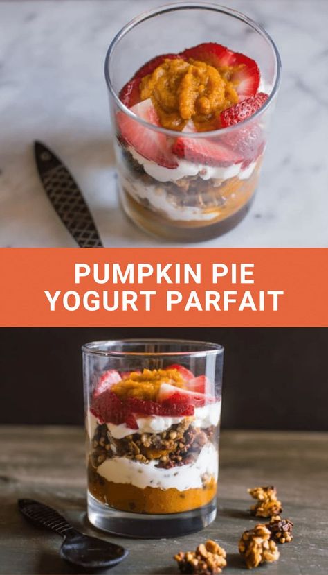 This delicious yogurt parfait is filled with pumpkin pie flavors. Yes, we can have pumpkin pie for breakfast! Want in on a secret? I eat pumpkin pie year-round. #pumpkinpie #yogurtparfait #parfaitrecipes Greek Yogurt Parfait Recipes, Pumpkin Pie Yogurt, Breakfast Parfait Recipes, Pumpkin Parfait, Healthy Parfait, Pumpkin Yogurt, Pumpkin Breakfast Recipes, Yogurt Parfait Recipe, Real Food Snacks