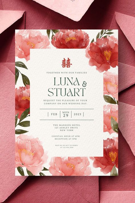 Chinese Wedding Invitation Card, Asian Wedding Card Double Happiness 结婚请柬 DIY Printable Oriental Red Watercolor Floral Wedding https://etsy.me/3Mv69Bm #red #chineseinvitation #asianinvitation #chineseweddingcard #orientalwedding #watercolorfloral #vietnamesewedding Chinese Wedding Invitation Card, Asian Wedding Invitations, Creative Wedding Invitations Design, Chinese Wedding Invitation, Wedding Invitation Trends, Mandarin Language, Chinese Mandarin, Bespoke Wedding Invitations, Monogram Wedding Invitations