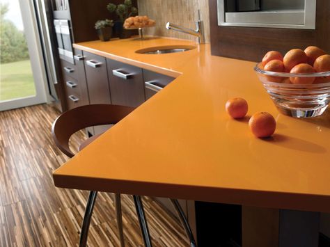 Orange Countertops, Glass Kitchen Countertops, Affordable Kitchen Countertops, Cost Of Countertops, Silestone Countertops, Laminate Countertop, Kitchen Countertops Laminate, Engineered Stone Countertops, Corian Countertops