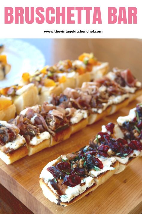 How to create your own bruschetta bar. Party Appetizer Sandwiches, Bruschetta Wedding Appetizer, Wine Bar Appetizers, How To Serve Bruschetta, Bruschetta Bar Build Your Own, Appetizer Recipes Bruschetta, Bruschetta Board Recipe, What To Serve With Bruschetta, Build Your Own Bruschetta Bar