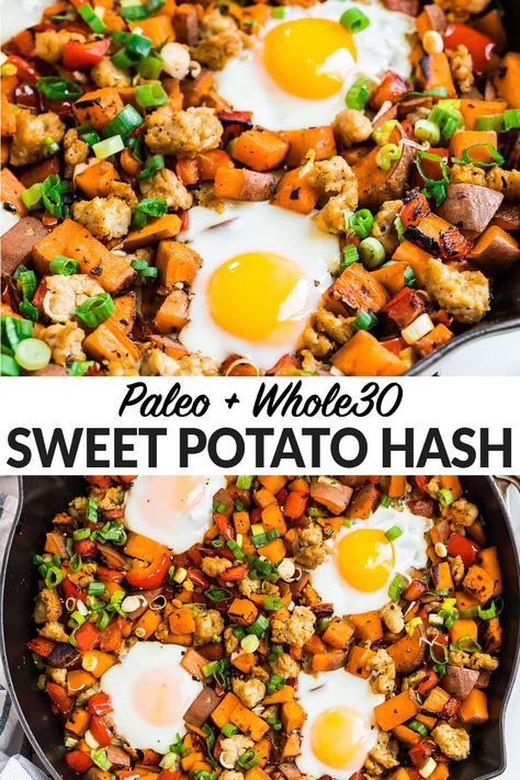 This hearty, colorful Sweet Potato Hash with Italian turkey sausage, eggs, and peppers is a filling, healthy skillet meal that's perfect for breakfast or dinner! Protein-packed, Paleo, and Whole30, it's easy to make ahead for meal prep and impressive enough for brunch. via @wellplated Eggs And Peppers, Italian Turkey Sausage, Dinner Protein, Healthy Skillet Meals, Whole30 Sweet Potato, Healthy Skillet, Eggs And Sweet Potato, Sweet Potato Breakfast Hash, Well Plated