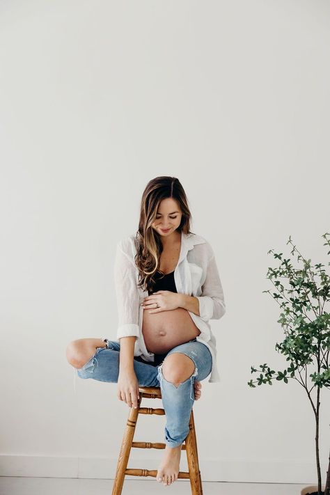 Gorgeous, indoor studio maternity photos with white button down oversized shirt and jeans, pregnancy boudoir Blue Jean Maternity Pictures, Indoor Maternity Photos, Pregnant Photoshoot, Gender Reveal Outfit, Maternity Shoot Outfit, Studio Maternity Shoot, Studio Maternity Photos, Maternity Photography Poses Outdoors, Pregnancy Belly Photos