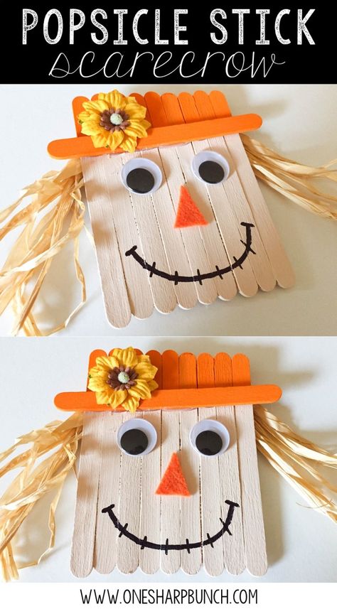 Create this simple fall DIY popsicle stick scarecrow for a super cute fall craft for kids! Popsicle Stick Scarecrow, Scarecrow Craft, Diy Popsicle Stick Crafts, Scarecrow Crafts, Halloween Crafts For Toddlers, Fall Arts And Crafts, Fun Fall Crafts, Diy Popsicle, Manualidades Halloween