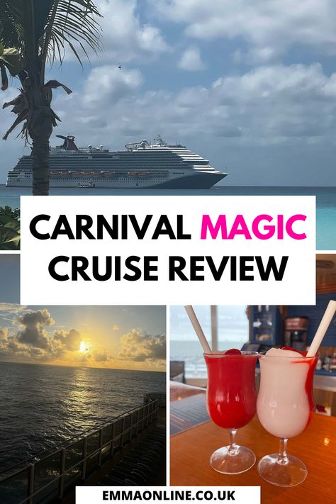 one image of the Carnival Magic Cruise ship out at sea in the Caribbean, one image of a sunset viewed from a cruise cabin balcony and two red and pink cocktails with straws. Glow Party, Carnival Magic Cruise Ship, Carnival Cruise Magic, Inside Cabin, Carnival Ships, Carnival Magic, Mouthwatering Food, Grand Turk, Carnival Cruise