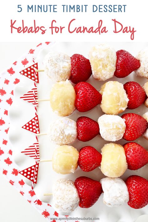 make these 5 Minute Dessert Kebabs, using just 2 ingredients! Canada Day Desserts, Strawberry Kabobs, 5 Minute Desserts, Canada Party, Canadian Party, Canada Day Crafts, Canada Day Party, Maple Leaf Cookies, Canada Food