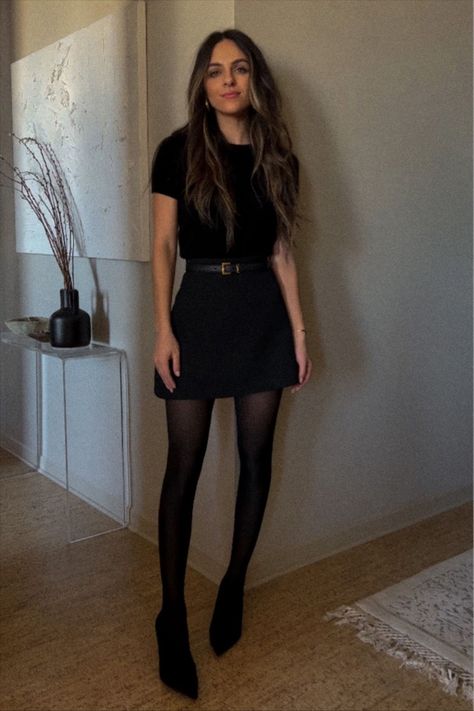 Professional Outfits With Tights, All Black Outfit With Tights, Black Sheer Tights Outfit Classy, Black Skirt Grey Sweater, Skirt And Tights Outfit Summer, Black Mini Skirt Office Outfit, Black Dress Tights Heels, Mini Skirt Black Tights Outfit, Mini Skirt And Pantyhose Outfit