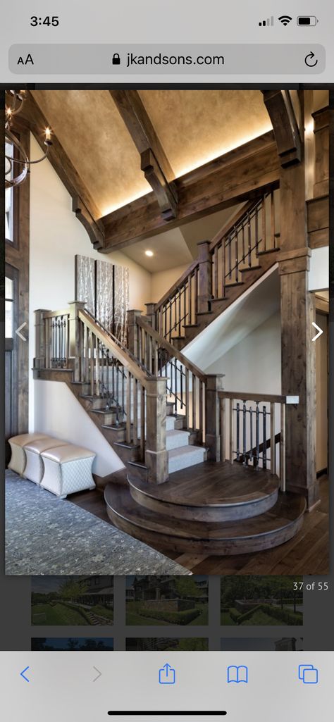 Cottage Stairs, Rustic Staircase, Vaulted Great Room, Lodge Homes, Stair Railing Design, Mountain House Plans, Lake House Plans, Home Library Design, Timber Frame Homes