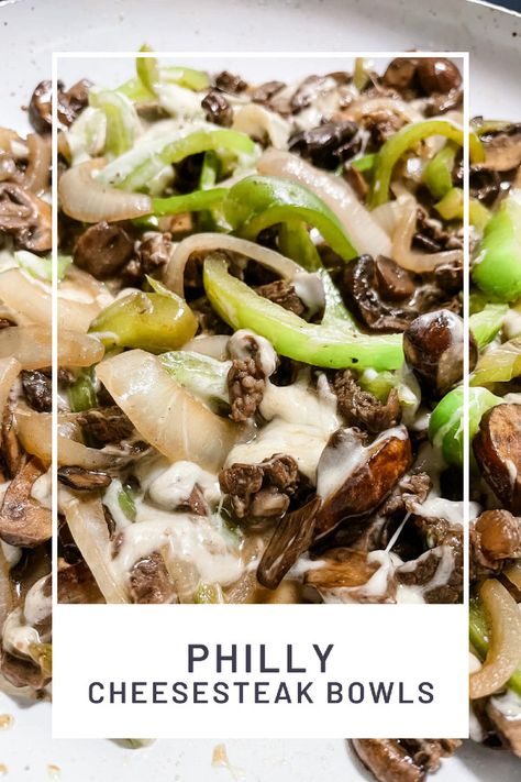 Philly Cheesesteak Bowls Philly Steak Bowl Keto, Philly Cheese Steak Over Rice, Low Carb Philly Cheesesteak Bowl, Philly Cheese Steak Meal Prep Bowls, High Protein Philly Cheesesteak, Philly Steak Bowl, Steak And Cheese Bowl, Philly Cheesesteak Meal Prep Bowls, Ground Beef Philly Cheese Steak Bowl