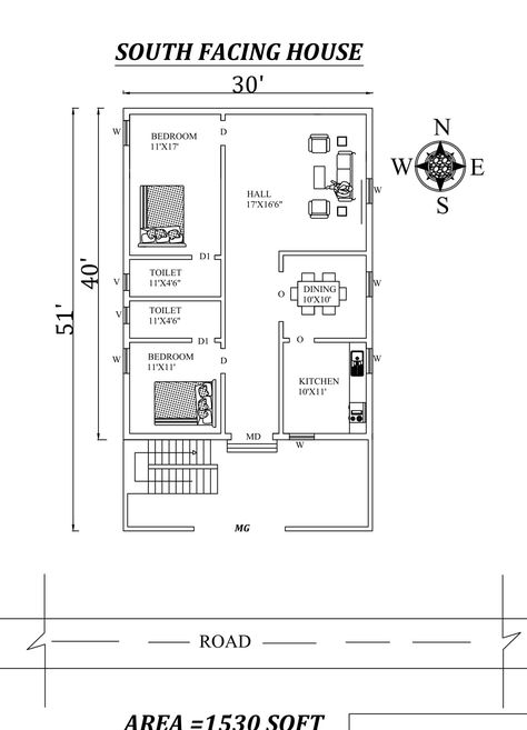 Autocad Drawing file shows 30'X 51' 2bhk Awesome South facing House Plan As Per Vastu Shastra. The total buildup area of this house is 1530 sqft. The kitchen is in the Southeast direction. Dining near the kitchen is in the east direction. The Hall Placed in the northeast direction. The master bedroom is available in the southwest direction with the attached toilet is in the west. The kid's bedroom is in the Northwest direction with the attached toilet is in the west. A staircase is available in 2bhk House Plan South Facing, 30x40 House Plans South Facing, South Facing House Plans Vastu 2bhk, South Facing House Plans Vastu, South Facing House Plan, 1200sq Ft House Plans, Mini House Plans, 30x50 House Plans, Drawing House Plans