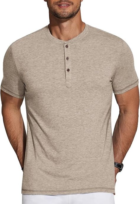 COOFANDY Men's Short Sleeve Henley Shirts Basic Tee Summer Solid Button T Shirts Lightweight Shirts Khaki | Amazon.com Mens Clothing Brands, Wardrobe Makeover, Button Shirts, Henley Shirt Men, Shirts Short Sleeve, Style Formal, Mens Henley, Athletic Workout, Business Wear