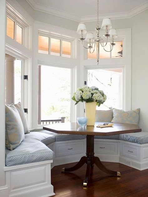 When wall space is at a premium, windows make great backdrops for bench seating. Here, a banquette tucks snugly into a sunlit bay window to take advantage of often-unused space. In addition to abundant seating, the bench features lower drawers that provide storage for table linens and other dining room accessories. Really want this ♥♥ Window Seats, Bay Window Banquette, Kitchen Window Seat Ideas, Banquette Ideas, Kitchen Nooks, Built In Banquette, Kitchen Banquette, Cozy Breakfast Nook, Breakfast Nooks