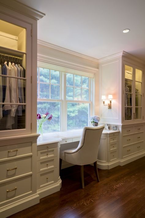 Vella Interiors : Sands Point Residence Dressing Room Ideas With Window, Master Closet With Desk, Walk In Closet With Makeup Vanity, Master Closet With Window, Luxury Master Closet, Closet With Vanity Built In, Dressing Room Walk In Closet, Window Vanity, Vanity In Closet