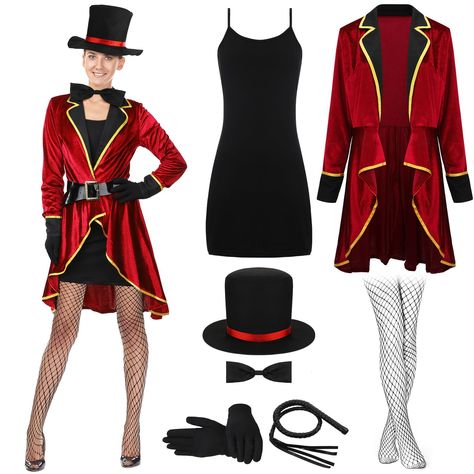 PRICES MAY VARY. Packaged Costume Set: this Halloween circus costume is a complete set, including a circus ringmaster jacket, dress, hat, gloves, bow tie, stockings, and a whip; Delivered in one package, it is ideal for those looking for an easy Halloween outfit or circus themed party attire Quality Material: the Halloween costumes for women is made of velvet material, offering a plush and comfortable touch; The bow tie and dress are crafted from soft, breathable polyester, while the whip is des Ringmaster Costume Halloween, Kawaii, Poker Halloween Costumes, Black Tie Halloween Costume, Magician Assistant Costume Women, Creepy Circus Costume, Diy Ringmaster Costume Women, Circus Couple Costume, Circus Theme Party Outfits Women