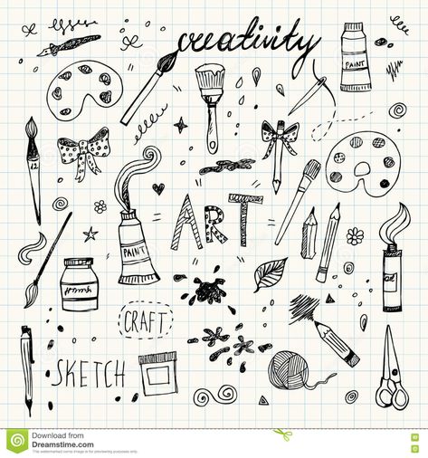 Hand Drawn Art and Craft Vector Symbols and Objects Stock Vector - Illustration of creation, paintbrush: 77907610 Art And Craft Drawing, Craft Drawing, Planner Self Care, Vector Symbols, Art And Craft, Art Supplies Drawing, Hand Drawn, Doodles, Art