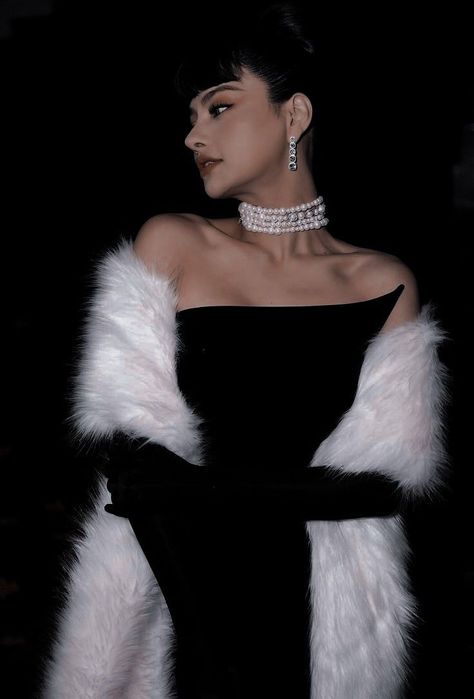 White Fur, A Woman, Black Dress, White, Black