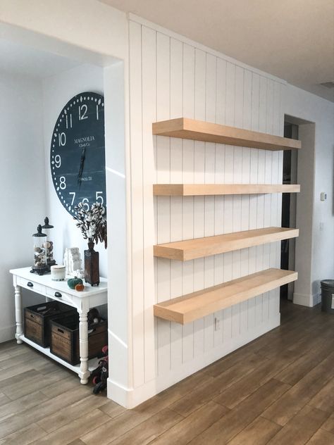 Shiplap Behind Floating Shelves, Shiplap Wall Floating Shelves, Floating Shelves Shiplap Wall, Shiplap Wall Shelves, Shiplap With Floating Shelves, Shiplap Wall With Floating Shelves, Shiplap Bookshelf, Shelves On Shiplap Wall, Floating Shelves On Shiplap Wall