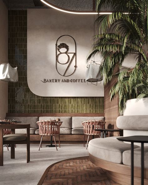 87' Bakery & Coffee on Behance Bars Restaurants Design, Bakery Restaurant Interior, Restaraunt Interior Design, Cafe Design Behance, Green Interior Aesthetic, Creative Reception Desk Design, Elegant Bar Design, Coffee Shop Architecture, Healthy Restaurant Design