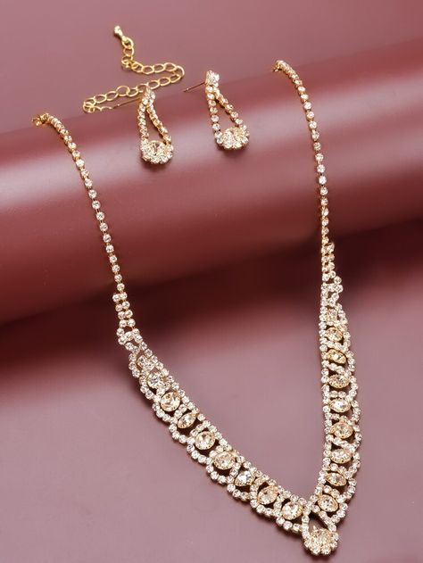 Rhinestone Decor Drop Earrings & Necklace | SHEIN USA Gold Jewelry Set, Embellished Fashion, Prom 2024, Quince Ideas, Gold Jewelry Sets, Golden Jewelry, Native Garden, Rhinestone Decor, Jewelry Making Tutorials