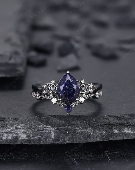 Engagement Rings Space, Blue And Black Ring, Dark Fairy Engagement Ring, Dark Blue Wedding Ring, Starry Engagement Ring, Blue Sandstone Engagement Ring Silver, Feyre Engagement Ring, Galaxy Ring Engagement, Night Court Jewelry