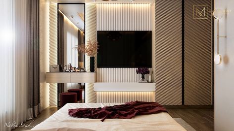 Modern Girl Bedroom Design in Kuwait City on Behance Wardrobe Opposite To Bed, Opposite Bed Wall Decor, Wall Opposite Bed Ideas, Modern Girl Bedroom, Modern Girl Bedroom Designs, Lcd Wall Design, Lcd Unit, Lcd Wall, Hotel Bedroom Design