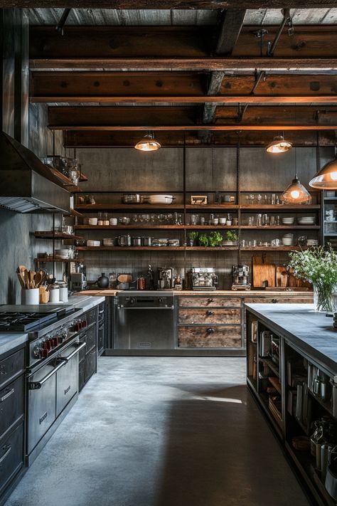 ♥ Are you dreaming of a cozy and stylish industrial kitchen design? Get inspired by this small and rustic kitchen with stainless steel elements and concrete countertops. This urban chic space features stainless steel open shelves and a touch of green for a modern twist on classic industrial decor. Perfect for small spaces and home cooks looking for a touch of luxury! 🏢🍽️ #IndustrialKitchen #RusticDesign #UrbanDecor #StainlessSteel #HomeInspiration Home Decor Industrial Modern, Industrial Kitchen Interior, Rustic Small Kitchen, Rustic Industrial Kitchen Design, Urban Modern Kitchen, Small Rustic Kitchen, Modern Industrial Kitchen Design, Concrete Kitchen Ideas, Industrial Rustic Kitchen