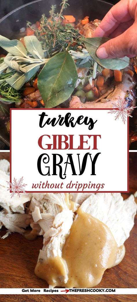 Placing herbs into giblet stock and gravy poured onto juicy sliced turkey breast. Roasted Turkey Gravy Recipe, Make Ahead Turkey Gravy Recipe, Gravy For Turkey, Gravy Recipe Without Drippings, Turkey Neck Gravy, The Best Turkey Gravy, Turkey Gravy Without Drippings, Giblet Gravy Recipe, Turkey Giblet Gravy