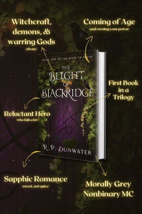 The cover of The Blight of Blackridge featuring an overgrown cabin with a purple door that sports a mysterious magical sigil. Queer Fairytale, Writing Plot Twists, Queer Books To Read, Dark Fantasy Books, Queer Book Recommendations, Fantasy Book Recommendations, Sapphic Books, Dark Witchcraft, Sapphic Fantasy Books