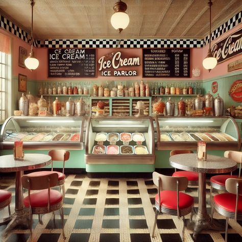 Retro Bakery Interior, 60s Diner Aesthetic, Ice Cream Parlor Interior, Retro Cafe Interior, 90s Restaurant Aesthetic, Retro Bakery, Ice Cream Parlour, Diner Illustration, Vintage Ice Cream Shop