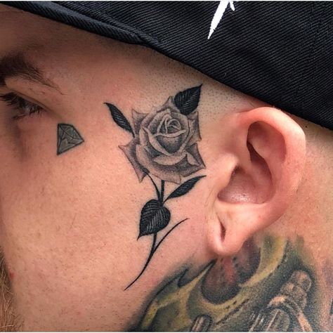 Mens Face Tattoos, Rose Chest Tattoo, Rose Neck Tattoo, Small Face Tattoos, Chicanas Tattoo, Face Tats, Small Neck Tattoos, Realistic Tattoo Sleeve, Chicano Style Tattoo