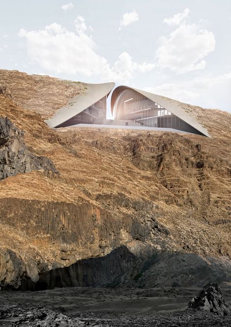 the project proposes to build a volcano information center, a vineyard, hotel and a village to replace the one that was destroyed after the eruption in 2014. Fogo Island, Architecture Cool, Mountain Architecture, Rising From The Ashes, Volcanic Island, Rise From The Ashes, Cultural Architecture, Green Architecture, Futuristic Architecture