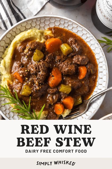 This easy, red wine beef stew is tender and delicious! It's filled with veggies and seasoned with rosemary and thyme - creating a hearty comfort food. Serve it over dairy free mashed potatoes or with drop biscuits complete meal! Wine Beef Stew, Red Wine Beef Stew, Red Wine Beef, Dairy Free Mashed Potatoes, Dairy Free Soup, Rosemary And Thyme, Hearty Comfort Food, Dairy Free Dinner, Drop Biscuits