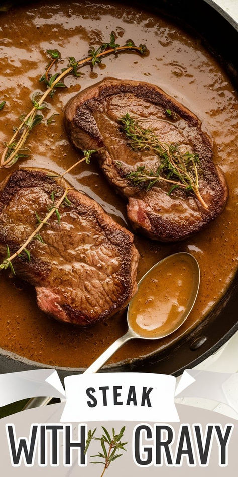 Easy Steak with Gravy! Elevate your dinner game with this simple yet flavorful steak and gravy recipe! Juicy steak cooked to perfection, drenched in a mouthwatering homemade gravy. Gravy For Steak, Steak Oven Recipes, Steak Sauce Easy, Steak Gravy Recipe, Steak And Gravy Recipe, Steak Gravy, Steak With Gravy, Deer Steak, Steak And Gravy