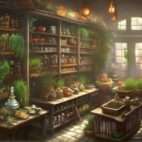 Dnd Herbalist Shop, Fantasy Herbalist Shop, Herbal Store Design, Dnd Herbalist, Herbalist Workshop, Herbalist Character, Botanist Aesthetic, Herbalist Garden, Herbalist Shop