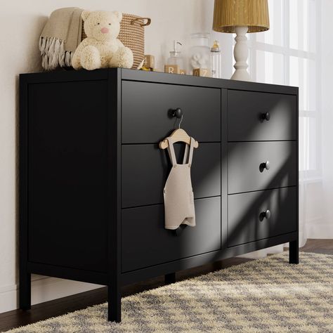 Black Crib And Dresser Nursery, Black Dresser Nursery, Nursery With Black Furniture, Black Nursery Furniture, Black Crib, Drawer Tracks, Dresser Black, Black Nursery, Drawer System