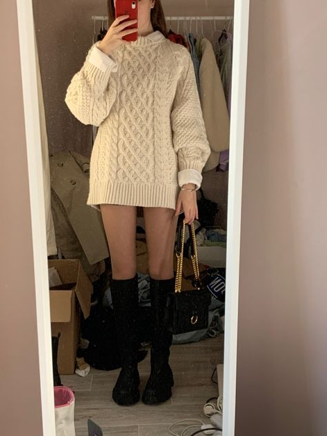 Outfit with a sweater dress and shirt // high knee boots #zara #sweater #sweaterdressoutfit Sweater Dress With Converse, Sweater Dress Aesthetic, Sweater Dress With Heels, Long Boots Outfit Winter Knee Highs, Oversized Sweater Dress Outfit, Green Sweater Dress Outfit, Skirt Boots Outfit, Book Dresses, Long Boots Outfit