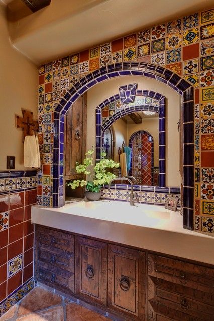 Spanish delight - Mediterranean - Bathroom - Other - by Professional Design Consultants | Houzz Talavera Home Decor Mexican Style, Mexican Bathroom Ideas, Mexican Style Bathroom, Mexican Tile Bathroom, Mexican Style Homes, Spanish Style Bathrooms, Spanish Bathroom, Boho Glam Home, Mexican Bathroom