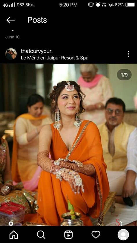 Haldi Aesthetic, Haldi Ceremony Outfit For Bride, Haldi Looks, Haldi Look For Bride, Haldi Decorations, Haldi Dress Ideas, Mehendi Look, Orange Dress Wedding, Wedding Matching Outfits