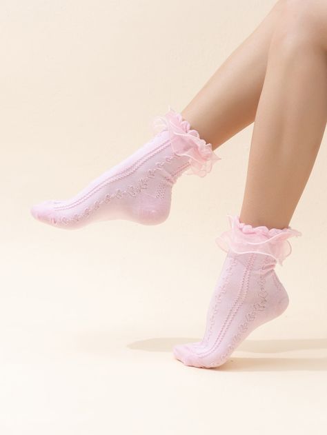 Pink    Cotton Plain Crew Socks Embellished   Women Socks & Hosiery Pink Ruffle Socks, Pj Ideas, Frill Socks, Pretty Socks, Frilly Socks, Women Crew Socks, Pink Socks, Lace Socks, Thigh High Socks