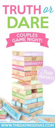 Truth or Dare couples date night idea with FREE PRINTABLES! The Dating Divas really hit it out of the park with this one!! Truth Or Dare Couples, Truth Or Dare Jenga, Couples Date Night, Couples Game Night, Games Night, Truth And Dare, Truth Or Dare, The Dating Divas, Dating Divas