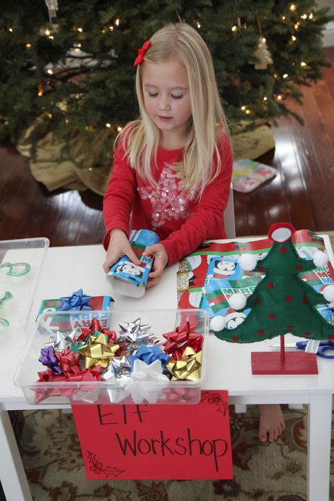 Create an Elf Workshop Wrapping Station - Toddler Approved Natal, Elf Workshop, Christmas Cubicle Decorations, Christmas Activities For Toddlers, Sensory Items, Gift Wrapping Station, Wrapping Station, Elves Gift, Gingerbread People