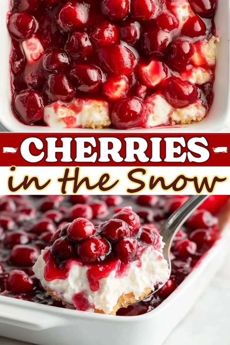 This recipe for cherries in the snow is heavenly! The combo of angel food cake, cream cheese, and cherries never fails to deliver. Cherry In The Snow, Cherry And Apple Desserts, Berries In The Snow Dessert, Heavenly Hash Dessert, Easy Delicious Thanksgiving Desserts, Oregon Cherry Pie Recipe, Cherry Desserts Recipes, Cherries In The Snow Dessert, Christmas Deserts To Make